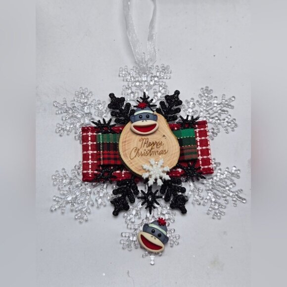 Sock Monkey Ornament Merry Christmas Gray Monkey Christmas Holiday Decor OOAK - Picture 2 of 4